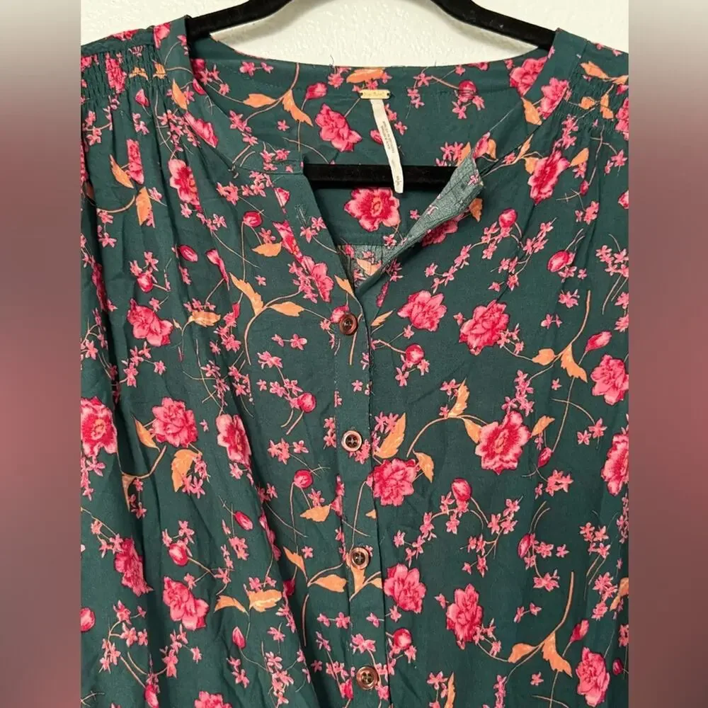 Free People Womens Green Flower Fields Mini Ruffle Shirt Dress S Boho